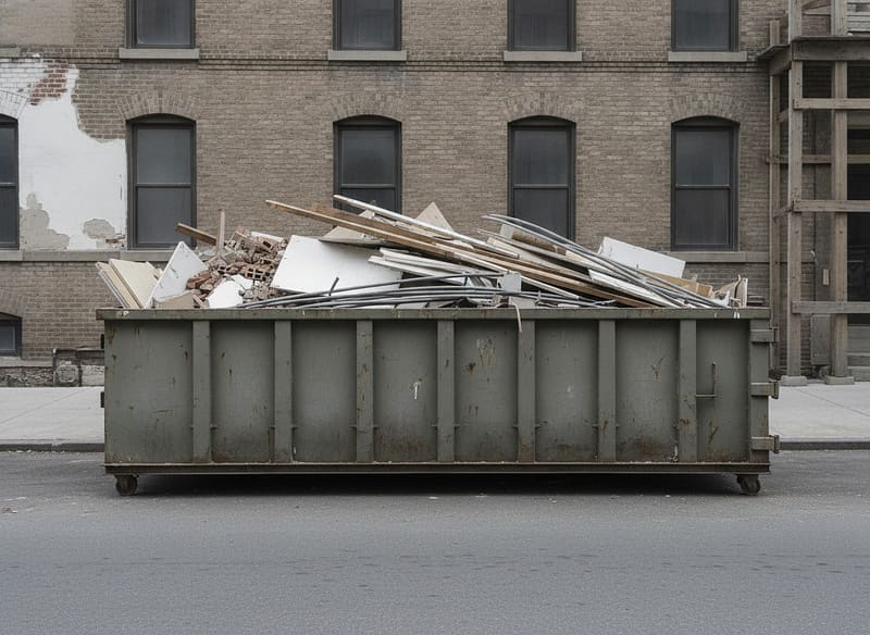 Open-top container filled with mixed construction debris, broken plasterboard, timber and brick